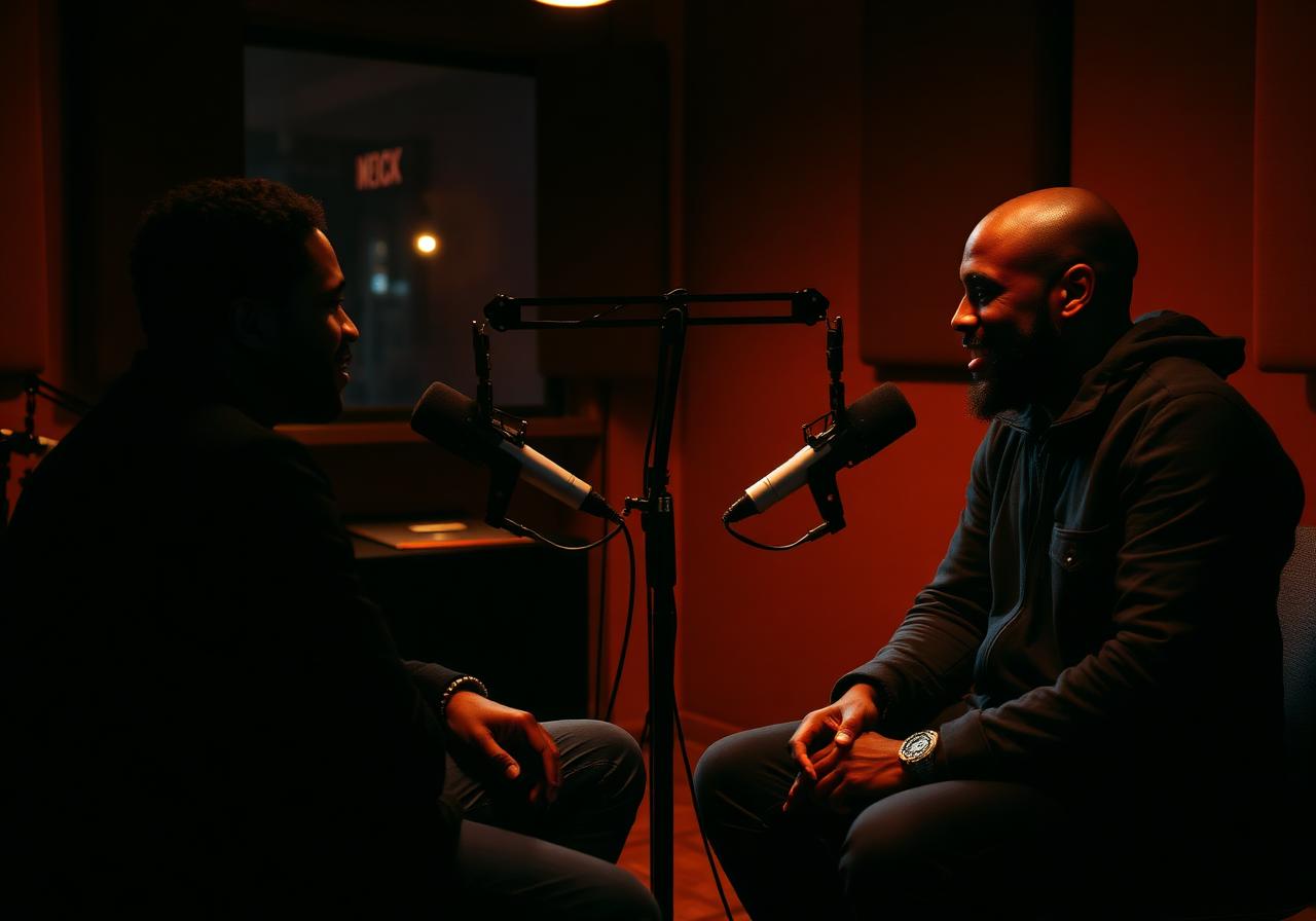 Two men in conversation in a podcast studio